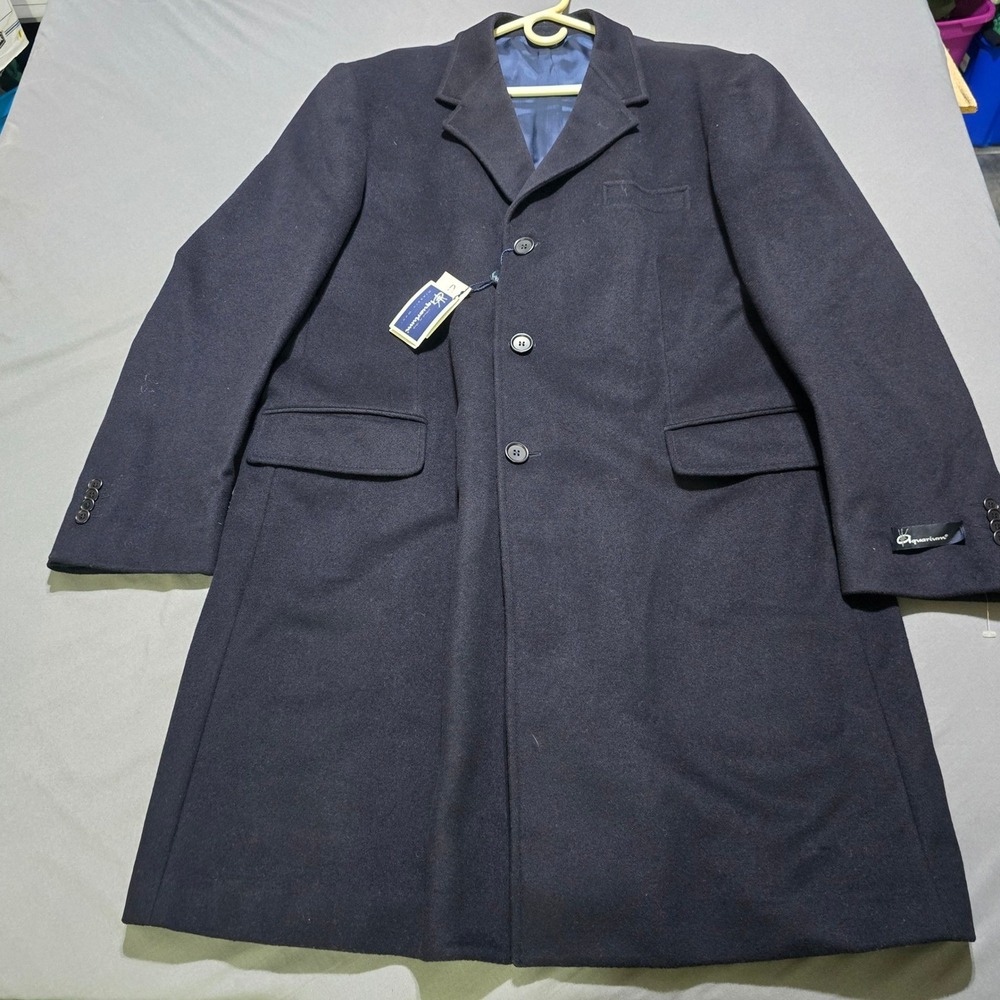 Aquarium Overcoat Mens 46 Navy Cashmere Virgin Wool Blend Made in Italy NEW